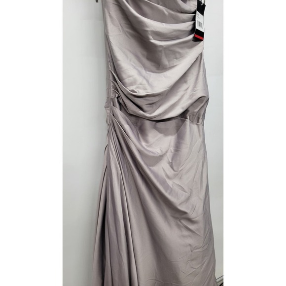 La Femme Off The Shoulder Ruched Satin Trumpet Gown - Picture 11 of 12